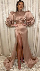 Vintage Mauve Turtle-neck Long-sleeve Side-slit Mermaid Long Prom Dress, PD3357