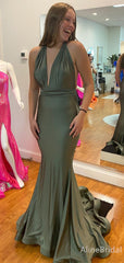 Elegant V-neck Olive Green Halter Mermaid Long Prom Dress, Evening Dress, PD38085