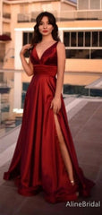 Simple Red V-neck Side Slit A-line Long Prom Dress, Evening Dres, PD38094