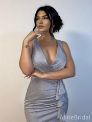 Sparkly Grey V-neck Ruffles Mermaid Long Prom Dress with Slit, PD38077