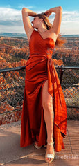 Elegant Rust One Shoulder Side Slit Mermaid Long Prom Dress, Evening Dress, PD38100