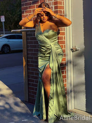 Elegant Olive Green One Shoulder Pleated Side Slit Mermaid Long Prom Dress, PD38101