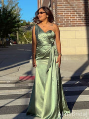 Elegant Olive Green One Shoulder Pleated Side Slit Mermaid Long Prom Dress, PD38101