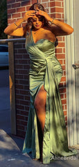 Elegant Olive Green One Shoulder Pleated Side Slit Mermaid Long Prom Dress, PD38101