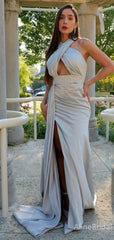 Sexy Light Grey Cross-Halter Side Slit Long Prom Dress, Evening Dress, PD38107