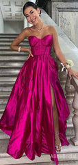 Gorgeous Sweetheart Strapless Hot Pink A-line Long Prom Dress with Slit, PD381768