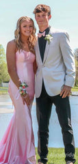 Elegant Pink Spaghetti Strap Backless Mermaid Long Prom Dress, Evening Dress, PD381809
