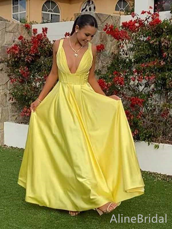Simple V-neck A-line Yellow Satin Long Prom Dress, Evening Dress, PD381818