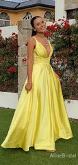 Simple V-neck A-line Yellow Satin Long Prom Dress, Evening Dress, PD381818