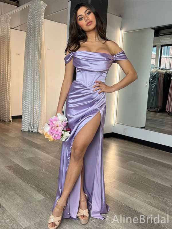 Elegant Purple Off the Shoulder Strapless Mermaid Long Prom Dress with Slit, PD381828