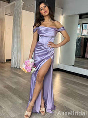 Elegant Purple Off the Shoulder Strapless Mermaid Long Prom Dress with Slit, PD381828