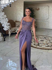 Sparkly Purple Beading Thish Slit Mermaid Long Prom Dress, Evening Dress, PD381830