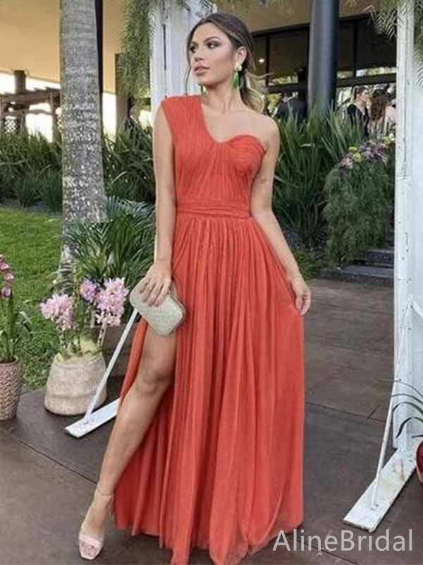 Elegant Coral One Shoulder Split Side A-line Long Prom Dress,PD381849
