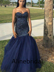 Sexy Strapless Blue Mermaid Long Prom Dress with Tulle Train, PD3561