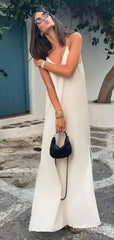 Simple Deep V-neck Spaghetti Strap White Long Evening Dress-Beach Dress, PD381906