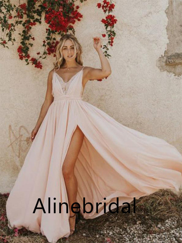 Elegant V-neck Sleeveless Side slit A-line Long Prom Dress, PD3524