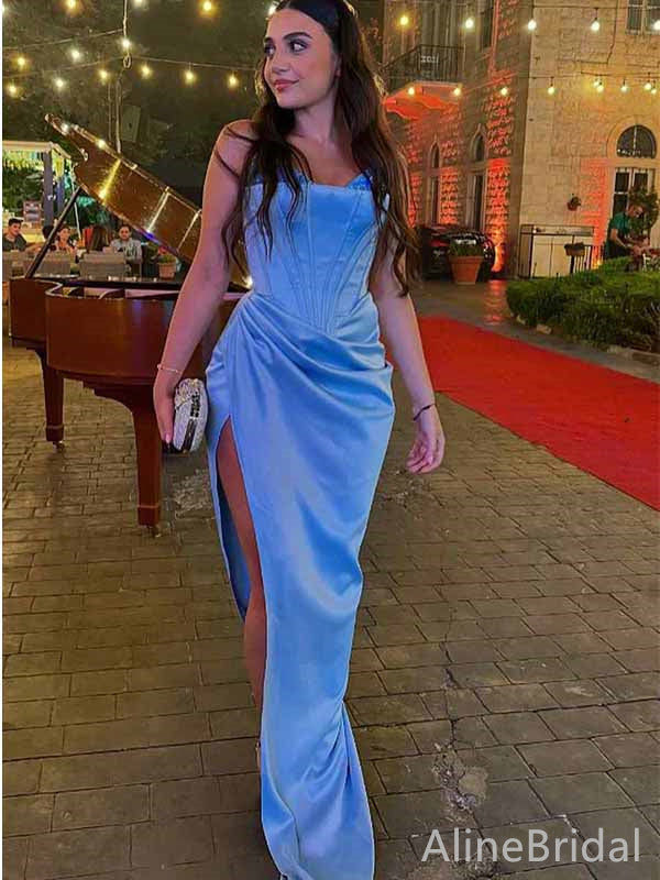 Elegant Blue Strapless Corset Mermaid Long Prom Dress with Side Slit, Evening Dress,PD382074