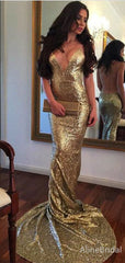 Sparkly Gold V-neck Backless Long Mermaid Prom Dress, Evening Dress, PD382081