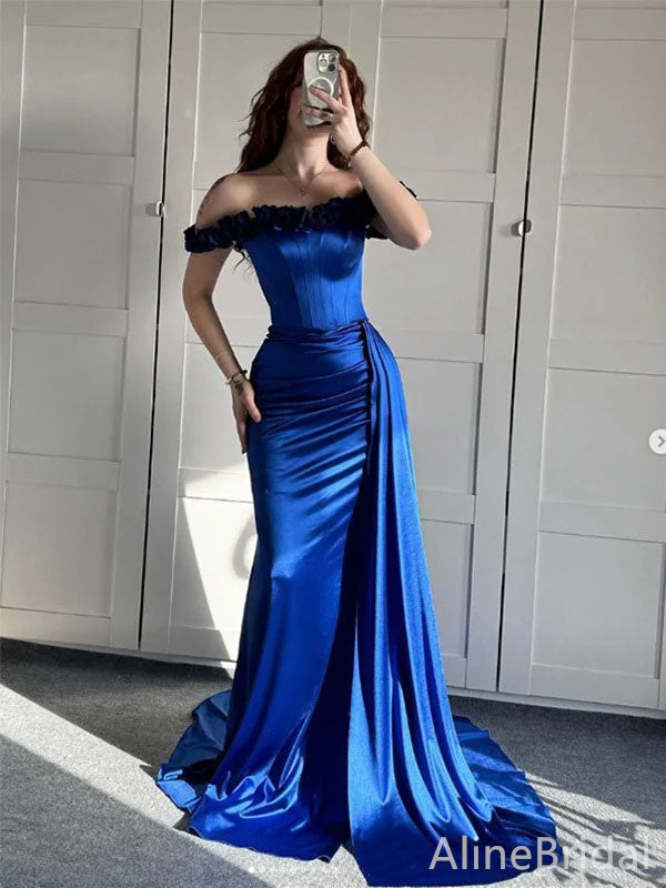 Elegant Navy-Blue Off-Shoulder Lace-up Mermaid Prom Dress with Trailing, Evening Dress, PD3822133