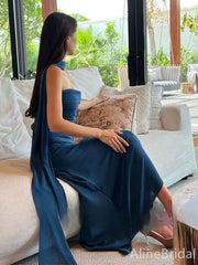 Premium Navy Blue Strapless Flutter Straps Long Prom Dress, Evening Dress, PD382191