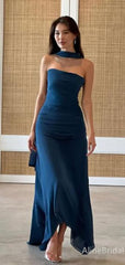Premium Navy Blue Strapless Flutter Straps Long Prom Dress, Evening Dress, PD382191
