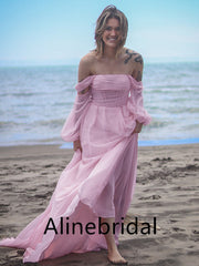 Elegant Off shoulder Sleeveless A-line Long Prom Dress, PD3555