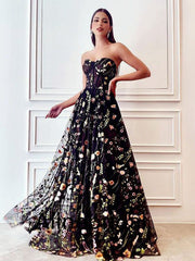 Floral Elegant Sweetheart Black A-line Long Prom Dress, PD3520
