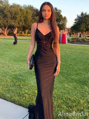 Elegant Black V-neck Spaghetti Strap Mermaid Long Prom Dress, Evening Dress, PD37679