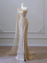 Sexy One Shoulder Champagne Sleeveless Side Slit Long Mermaid Prom Dress with Tulle, PD3686
