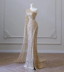 Sexy One Shoulder Champagne Sleeveless Side Slit Long Mermaid Prom Dress with Tulle, PD3686