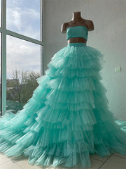Simple Strapless Side Slit A-line Two Pieces Floor length Prom Dress, PD3714