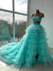 Simple Strapless Side Slit A-line Two Pieces Floor length Prom Dress, PD3714