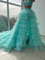 Simple Strapless Side Slit A-line Two Pieces Floor length Prom Dress, PD3714