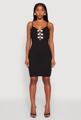 Sleeveless Crepe Knit Mini Dress with Rhinestone Bows
