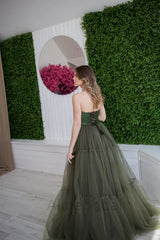 Elegant Green Strapless A-line Floor length Tulle Prom Dress-Layered Evening Gown, PD3709