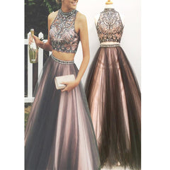 Glamorous Black Nude Beaded Rhinestone Two-Piece Prom Dress-High Neck Ball Gown, AB0080