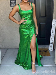 Sparkly Sequins Square Split Side Mermaid Long Prom Dress,Evening Dress,PD37739