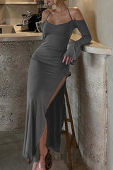 Grey Halter Long Sleeves Side Slit Sheath Long Prom Dress, PD3748