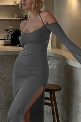 Grey Halter Long Sleeves Side Slit Sheath Long Prom Dress, PD3748