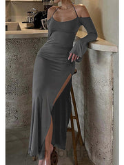 Grey Halter Long Sleeves Side Slit Sheath Long Prom Dress, PD3748