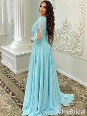 Deep V-neck Long Sleeves Split Side A-line Long Prom Dress,Evening Dress,PD37786
