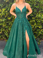 Sparkly Green Lace Applique A-line Long Prom Dress with Slit-V-neck Spaghetti Strap Evening Dress, PD37832