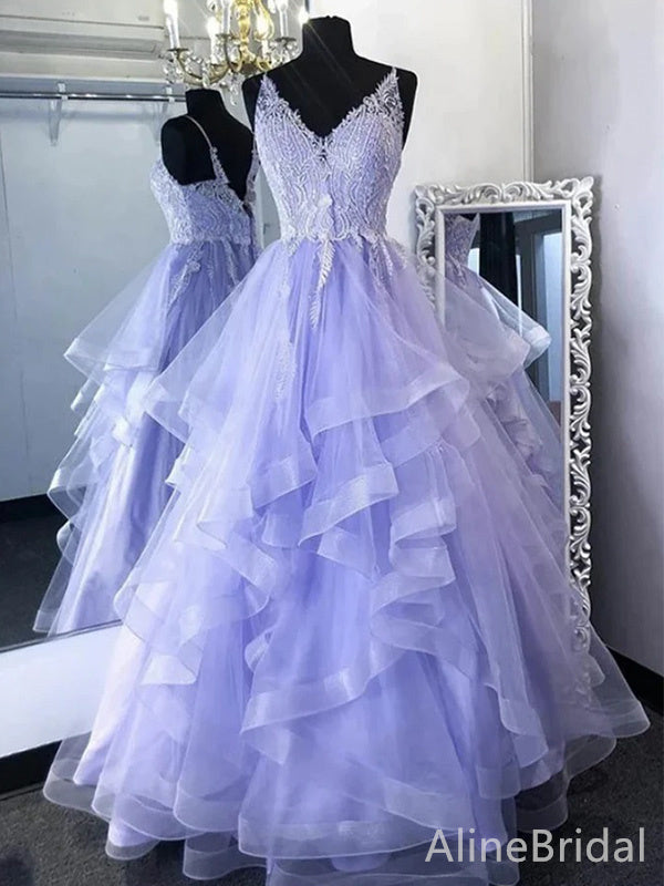 Elegant Purple A-line Ruffles Tulle Prom Dress-Lace Appliques Tiered Evening Dress, PD37801