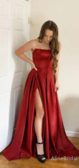Elegant Red Strapless A-line Side Slit Long Prom Dress, PD37840