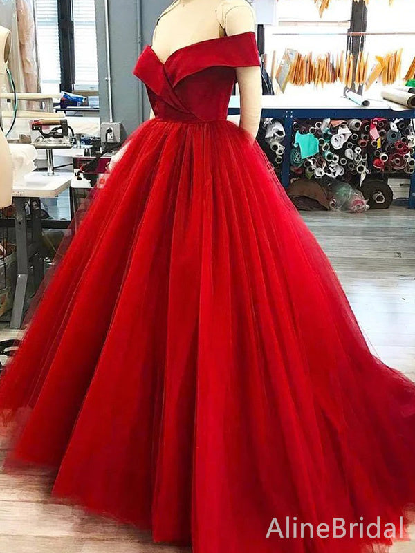 Simple V-neck Off Shoulder Red A-line Long Prom Dress, Evening Dress, PD37806