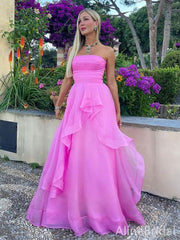 Unique Fuchsia Strapless A-line Long Prom Dress-Ruffles Tulle Evening Dress, PD37810