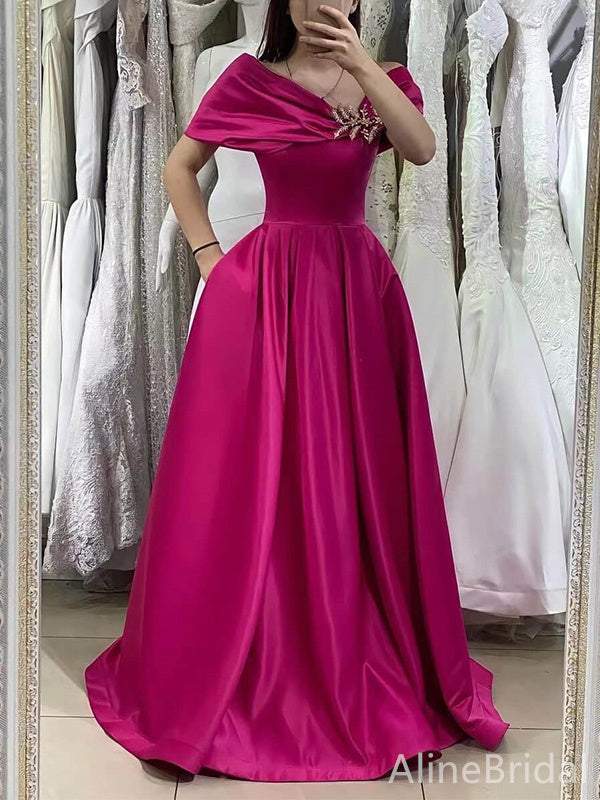 Elegant Hot Pink V-neck Off Shoulder A-line Long Prom Dress, PD37850
