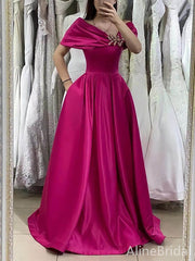 Elegant Hot Pink V-neck Off Shoulder A-line Long Prom Dress, PD37850