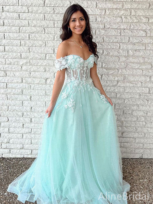 Elegant Mint Green Off Shoulder A-line Prom Dress-Lace Applique Tulle Evening Gown, PD37816