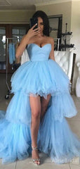 Gorgeous Blue Strapless A-line High-Low Prom Dress, Tierd Tulle Evening Dress, PD37856